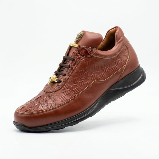 Mauri 8900 gold Napa leather sneakers with embossed Mauri print and baby crocodile texture for stylish footwear.