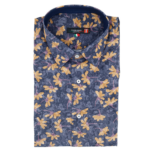 Tarcisio grey cotton button-up shirt with collar and long sleeves, casual style for men.