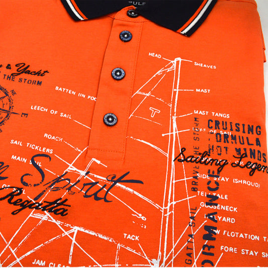 Impulso orange polo shirt with crew neck and yacht-inspired design, displayed on a hanger, showcasing casual men's shirts.