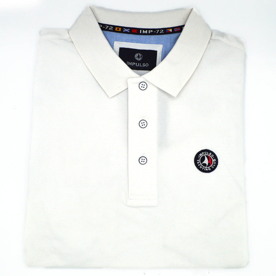 White Impulso Polo Club shirt with collar and short sleeves, shown on a hanger.