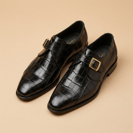 Calzoleria Toscana Crocodile Caiman Flanks Monk Strap Shoes - Preorder