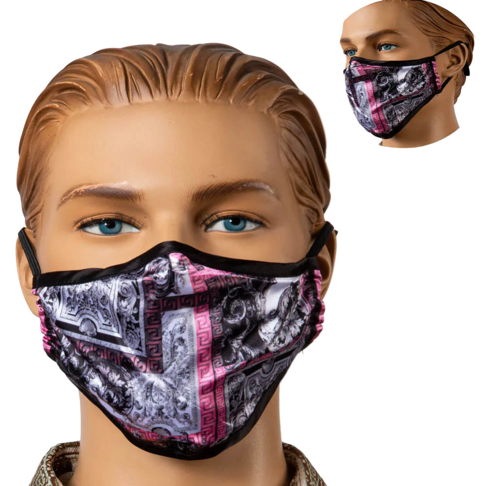Pink and black Prestige fabric face mask with adjustable ear loops, designed for comfortable everyday wear.