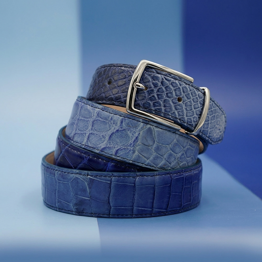 Mauri Alligator Multi Blue Belt showing textured alligator-style leather and silver buckle detail.