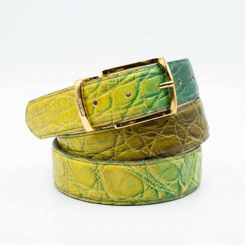 Mauri Alligator Multi Green Belt with textured alligator-style leather and multiple green shades, stylish accessory for casual or formal wear.