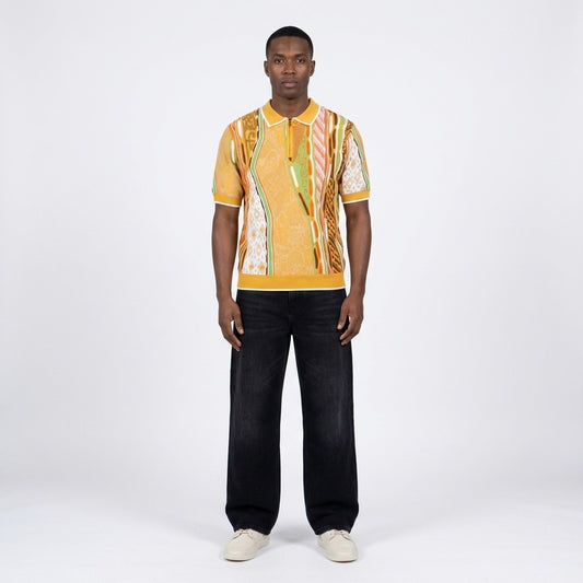 Off-white Prestige polo neck half zip short sleeve shirt displayed on a mannequin, showcasing its stylish collar and fit.