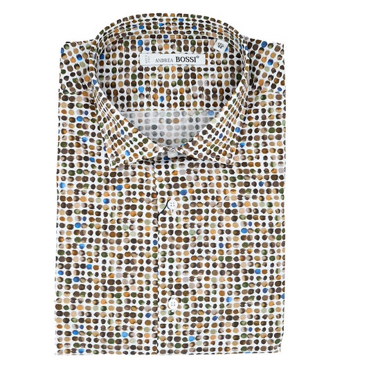 Olive brown Andrea Bossi 100% cotton button-up shirt displayed on a hanger, showcasing its classic collar and long sleeves.
