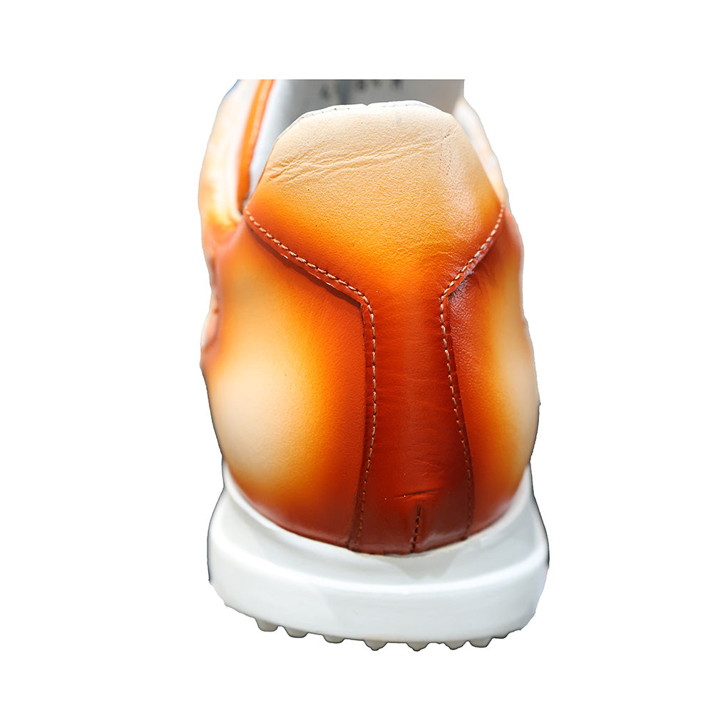 Mauri 8596 Dirty HornBack alligator and calf leather sneakers in orange with textured details and white soles.