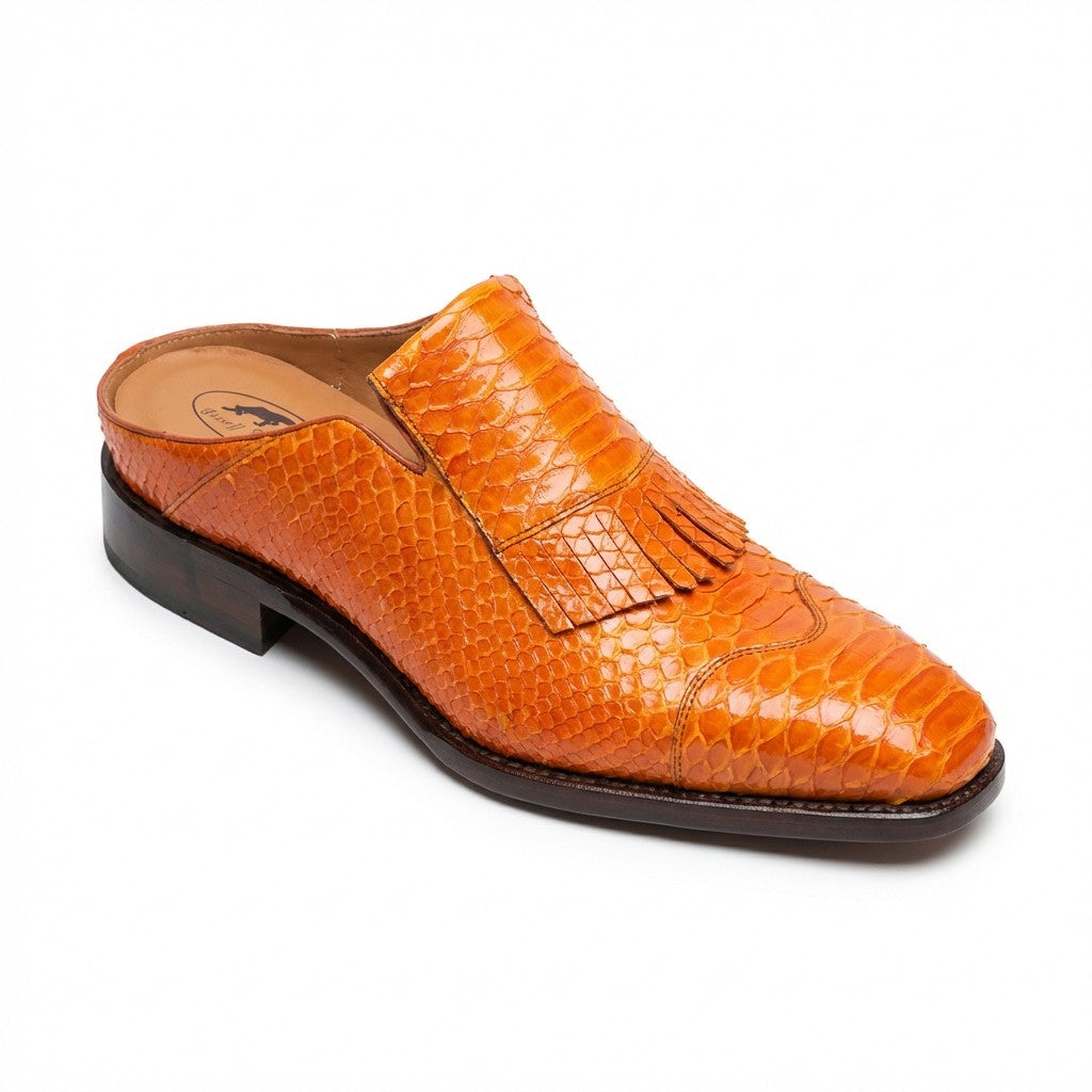 Sheriff Collection orange python half sandals with open toe and strap design, showcasing textured python pattern and stylish footwear.