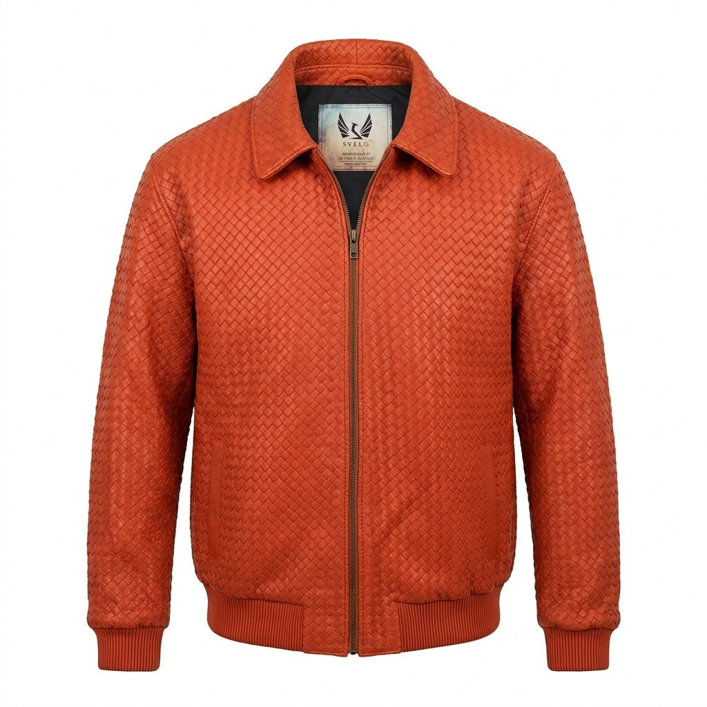 Men’s SVELG woven leather bomber jacket with shirt-style collar in vibrant orange, made from 100% lambskin leather.