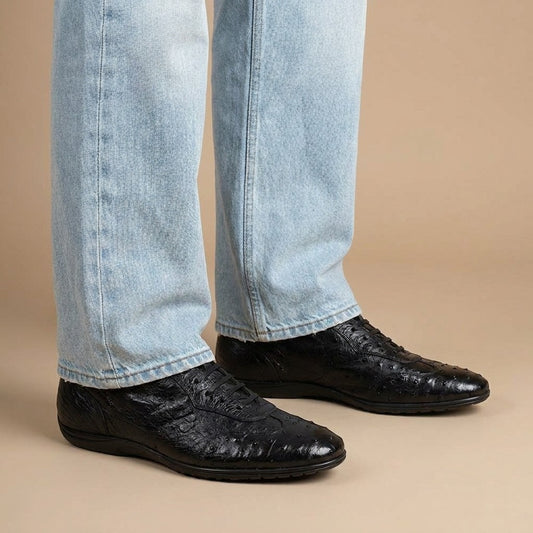 Black ostrich leather sneakers by Calzoleria Toscana, Toscana 5684 Ostrich Casuals, featuring textured ostrich pattern and casual style.
