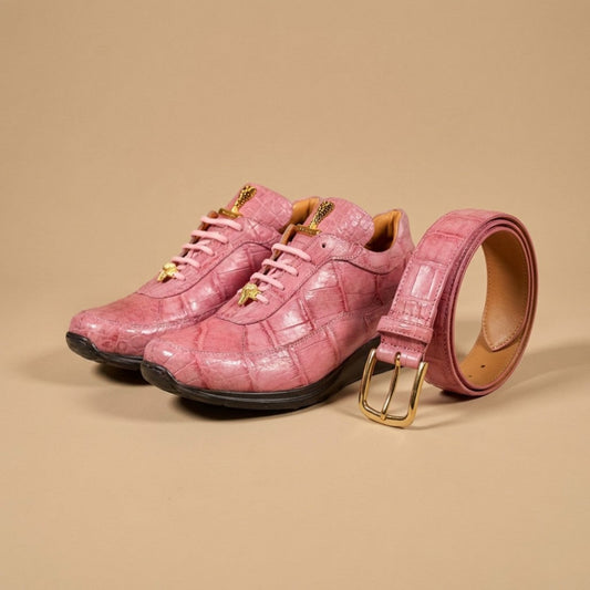 Pink Mauri 8900 Alligator Sneakers with textured alligator pattern and white rubber soles, casual footwear for women.