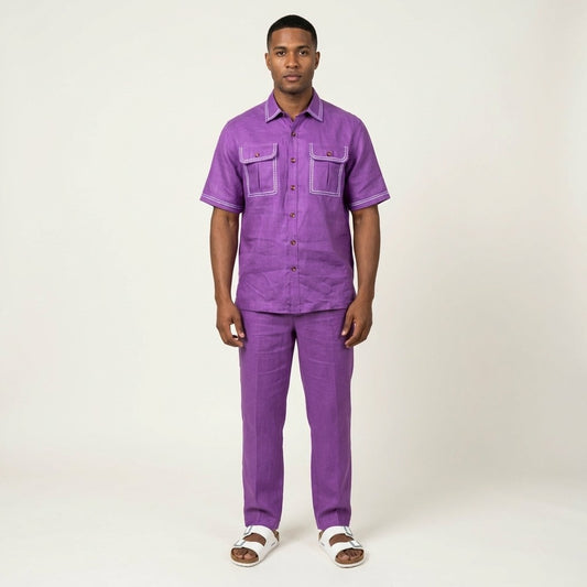 Purple Prestige Linen Set LUX-630 clothing, showing the soft fabric and relaxed fit laid out on a flat surface.