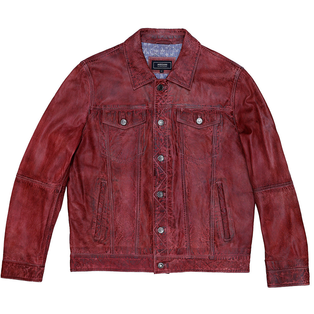 Missani Le Collezioni BF leather jean jacket in vibrant red, featuring a classic design with a tailored fit and stylish details.