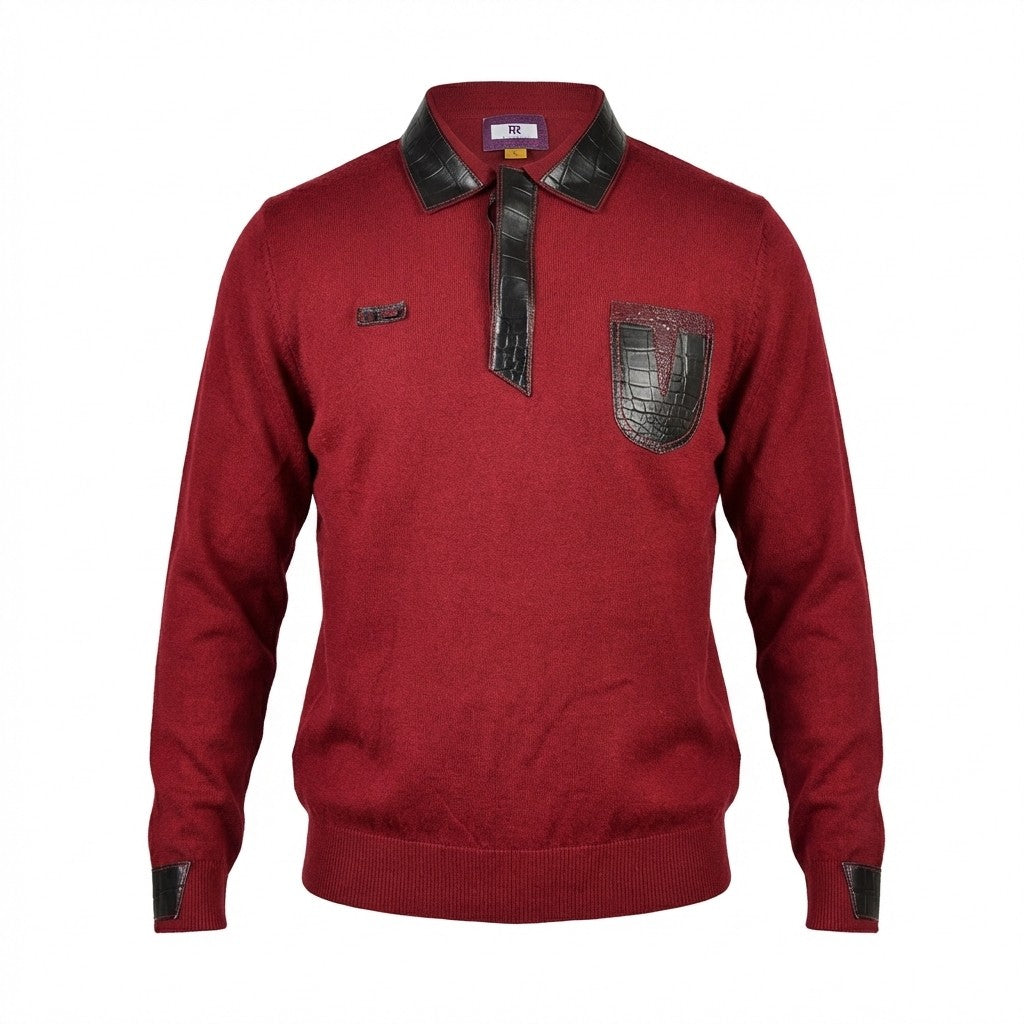 Cellini Polo Skinz Alligator long sleeve wool shirt in red, featuring detailed alligator pattern and classic collar design.