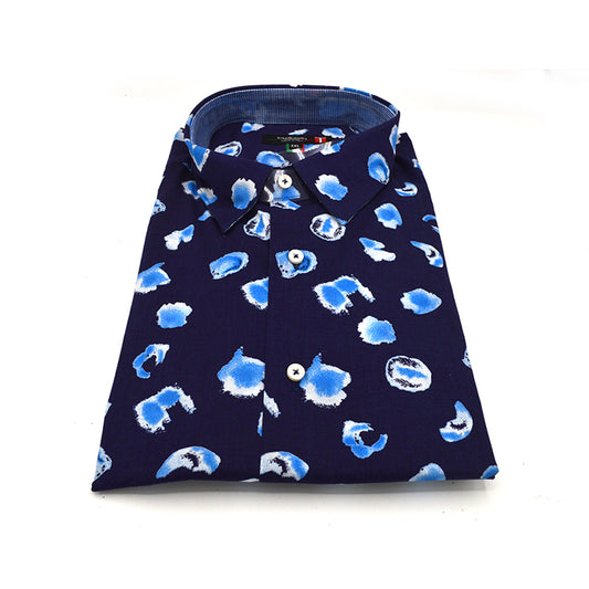 Navy blue Tarcisio button-up shirt with circular bubble pattern, long sleeves, and collar, displayed on a hanger.