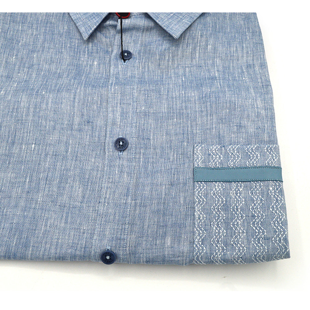 Torras linen long sleeve button-up shirt with leather trim, featuring a classic collar and tailored fit, in a natural light color.