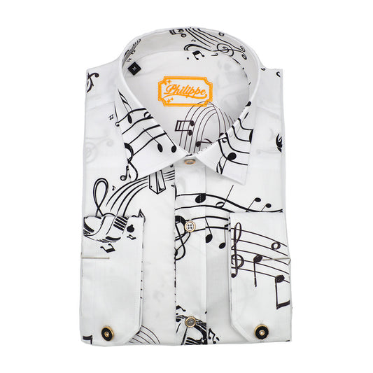 White Philippe cotton shirt with black accents, casual long-sleeve shirt for men, featuring a classic collar and button front.