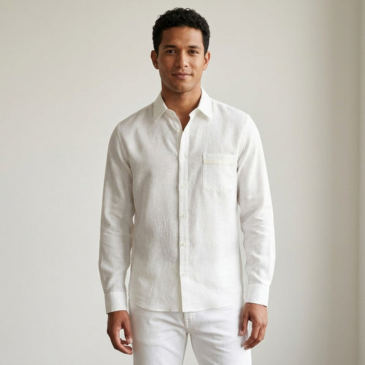 White Torras linen long sleeve button-up shirt with leather trim, featuring a classic collar and front button closure.