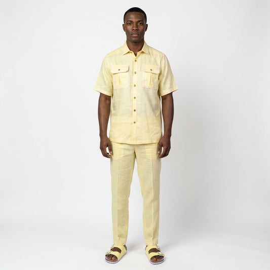 Yellow Prestige Linen Set LUX-630 clothing laid out flat, showcasing its soft fabric and stylish design.
