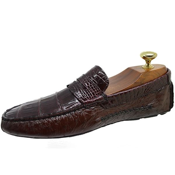 Calzoleria Toscana 2856 ostrich and crocodile driver shoes, brown leather with detailed texture and classic slip-on style.