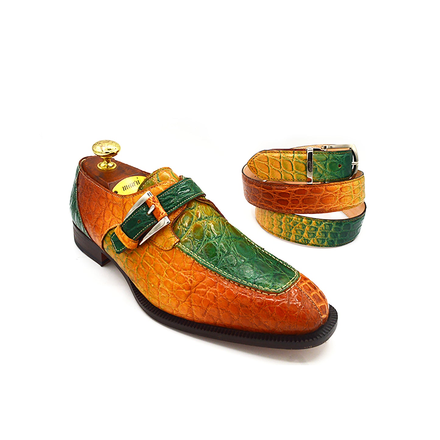 Mauri 3232 FC multi-color monk strap shoes with alligator leather, showcasing stylish design and vibrant color details.