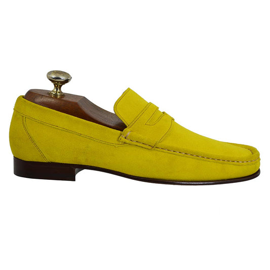 Calzoleria Toscana Toscana 3654 suede penny loafers in vibrant yellow, showcasing the stylish slip-on design and smooth texture.