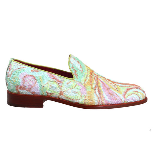 Sheriff Mauri x Sheriff Collection pink silk brocade loafer with a classic slip-on design on a neutral background.