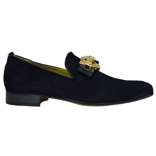 Sheriff Collection Mauri 4965 navy blue pony and crocodile gold panther loafer, stylish men's slip-on shoe with detailed design