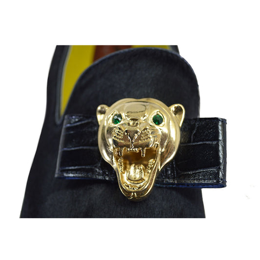 Sheriff Collection x Mauri 4965 Navy Blue Pony & Croc Gold Panther Loafer