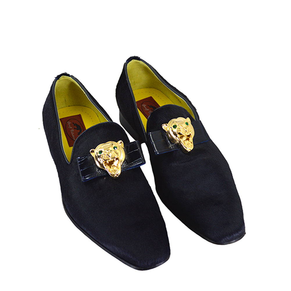 Sheriff Collection x Mauri 4965 Navy Blue Pony & Croc Gold Panther Loafer