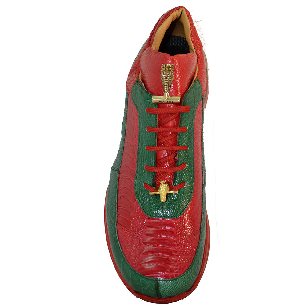 Mauri Eclectic Ostrich Casual sneakers in green and red, featuring textured ostrich leather and stylish design.
