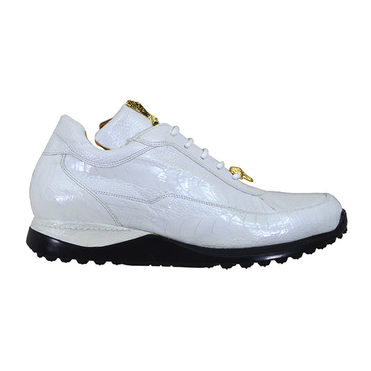 White Mauri 8814 Ostrich Casual Sneakers with textured ostrich leather and lace-up design.