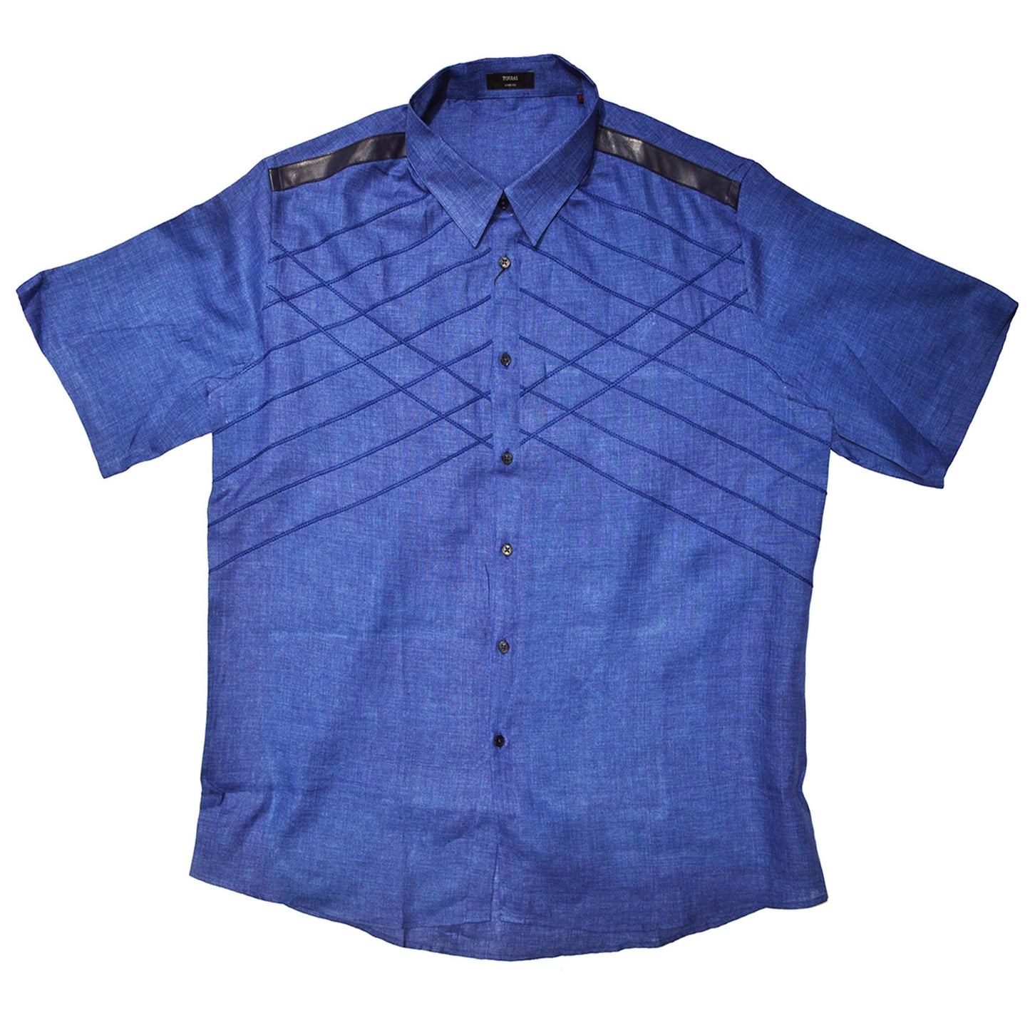 Torras Blue Leather Trimmed Linen Button Up