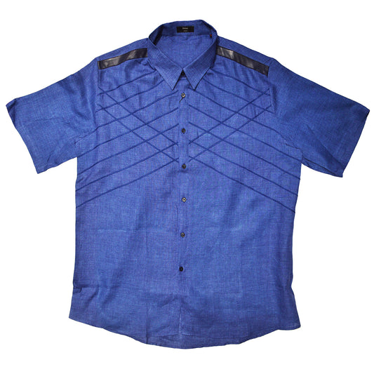 Torras Blue Leather Trimmed Linen Button Up