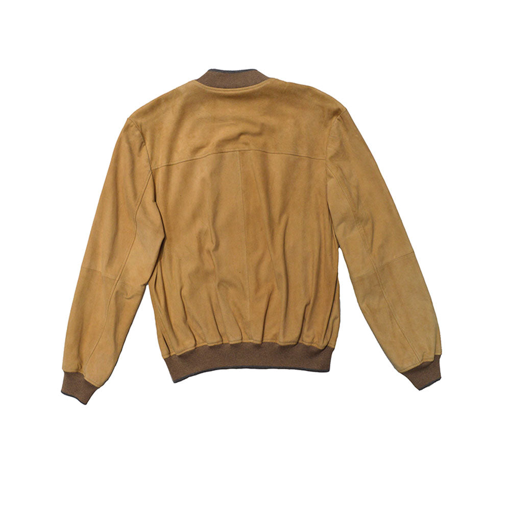 Torras Champagne Suede Varsity Jacket with ribbed cuffs and collar, front button closure, and stylish suede fabric.
