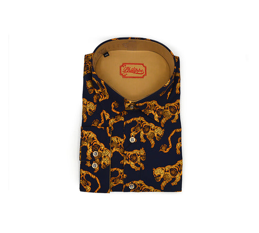Philippe navy gold button-up shirt from the Shirts & Tops collection, featuring a classic collar and gold button details.