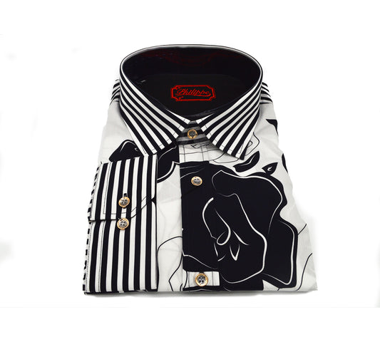 White and black Philippe button-up shirt with long sleeves, classic collar, and front buttons, suitable for casual or formal wear.