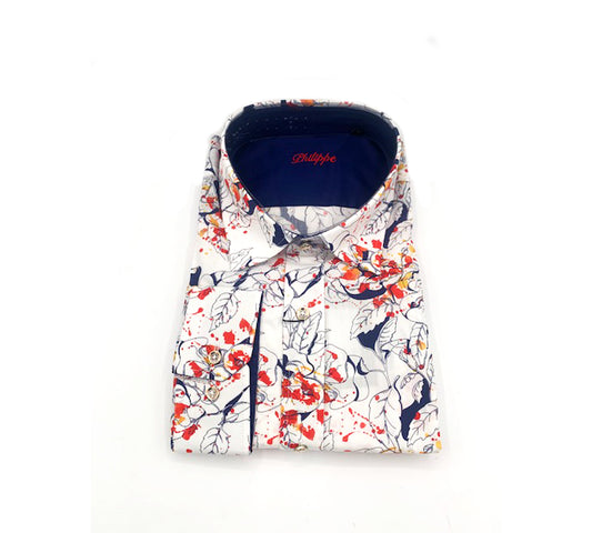 Philippe white floral print button-up shirt with long sleeves, casual style, shown on a hanger.