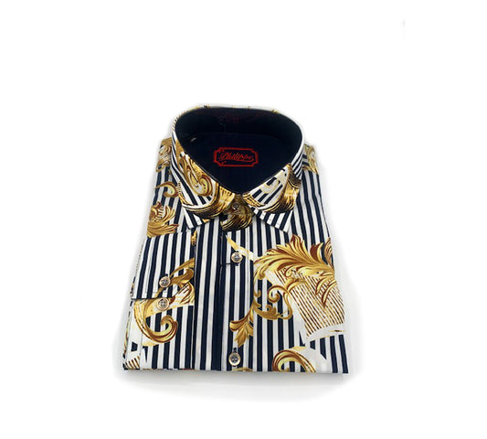 Philippe striped navy button-up shirt displayed on a hanger, featuring a classic collar and long sleeves.