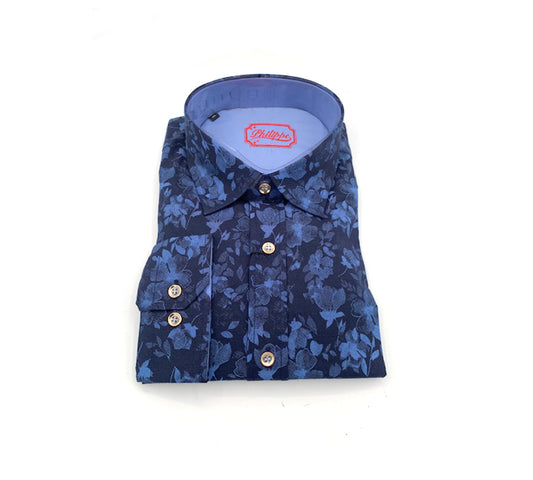 Dark blue floral button-up shirt by Philippe, featuring a stylish pattern and classic collar, perfect for casual or smart occasions.