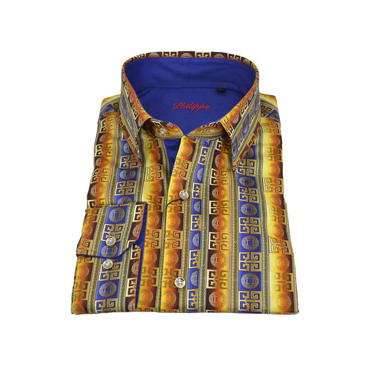 Philippe Gold Button-Up Shirt for men, featuring a classic collar and long sleeves, displayed on a hanger.