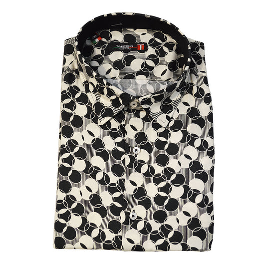 Black Tarcisio circle button-up shirt with a classic collar and long sleeves, displayed flat on a white background.