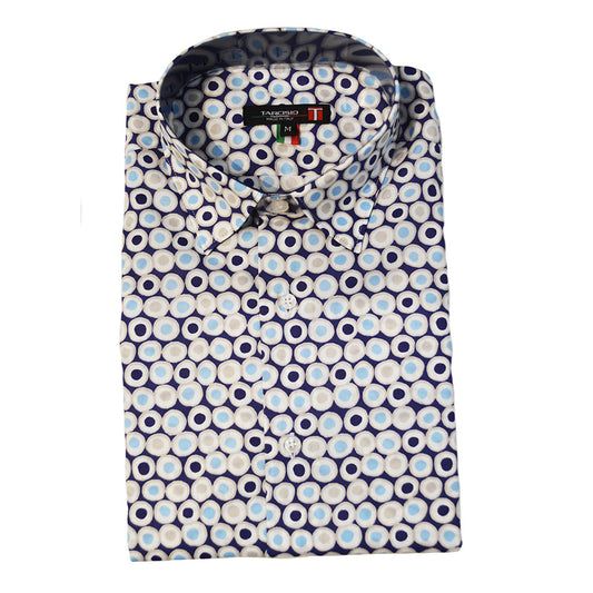 Tarcisio blue button-up shirt with a circular pattern, long sleeves, and collar, ideal for casual or office wear.
