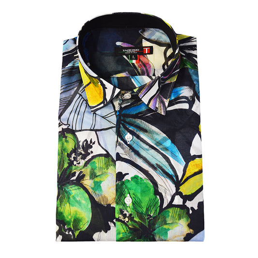 Tarcisio colored leaf button-up shirt displayed flat, showcasing vibrant leaf patterns and classic collar design.