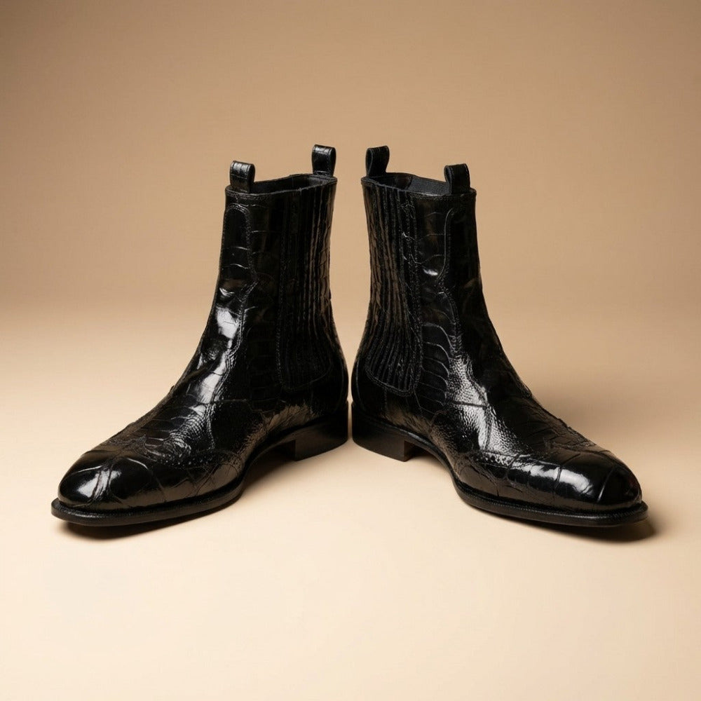 Black Mauri 1092 Alligator and Ostrich Leg boots featuring a sleek design and high-quality textured leather.