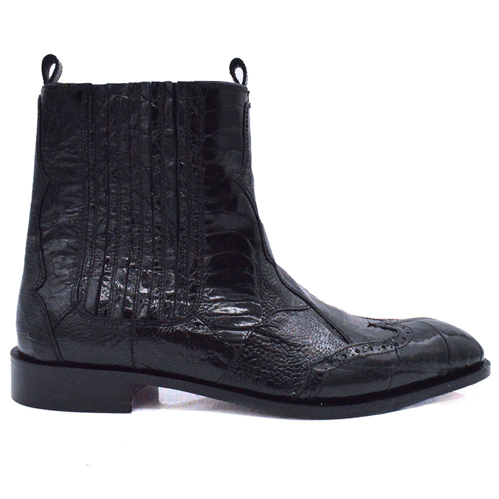 Mauri 1092 black alligator and ostrich leg boots featuring a sleek, stylish design with detailed leather textures and pointed toes.