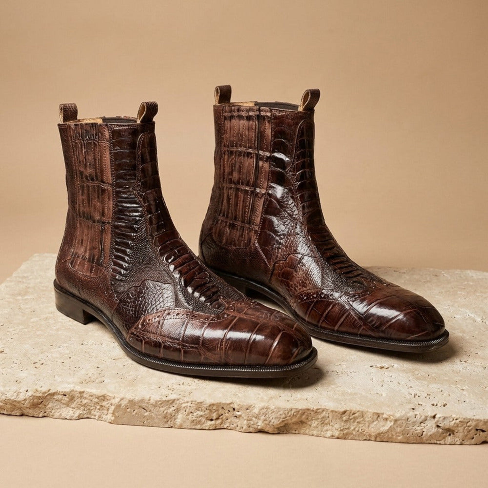 Brown Mauri 1092 alligator and ostrich leg boots with pointed toes and stacked heels, showcasing luxurious leather and textured details.