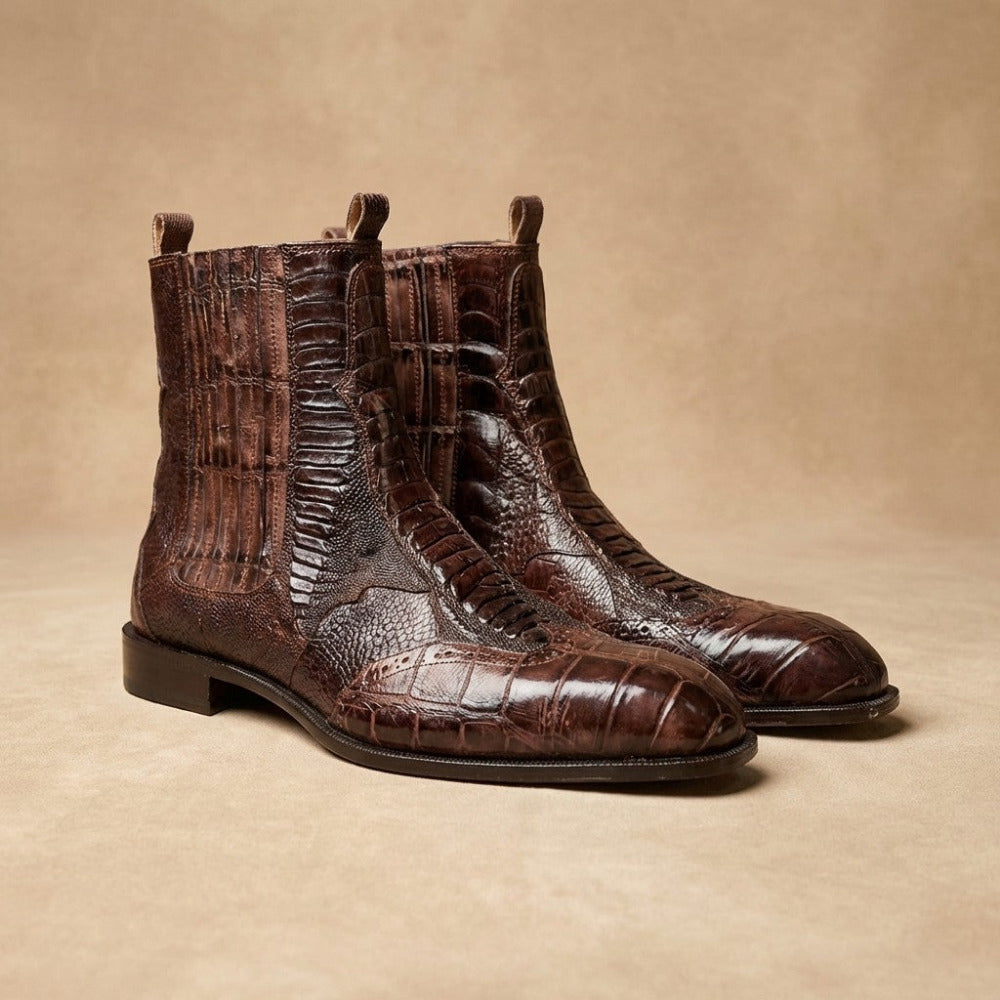 Mauri 1092 brown alligator and ostrich leg boots with pointed toe and stacked heel, showcasing luxurious leather textures.