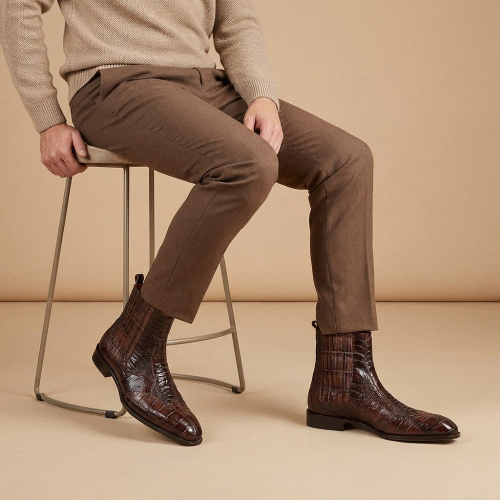 Mauri 1092 brown alligator and ostrich leg boots with pointed toe and stacked heel, showcasing luxurious textured leather.