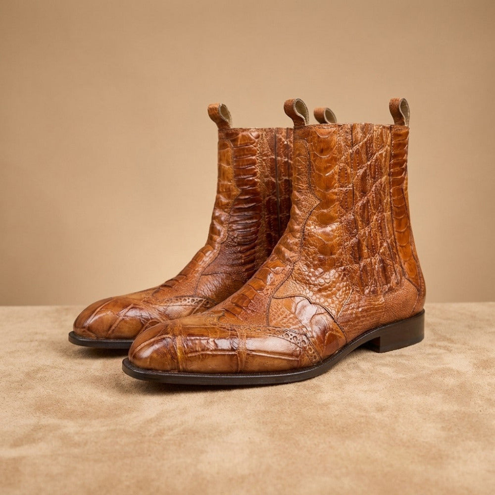 Mauri 1092 Cognac alligator and ostrich leg boots with pointed toe and stacked heel, stylish Western-inspired footwear.